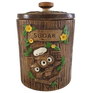 Treasure Craft Owl Wood Grain Sugar Canister Ceramic Made In USA Vintage 60s